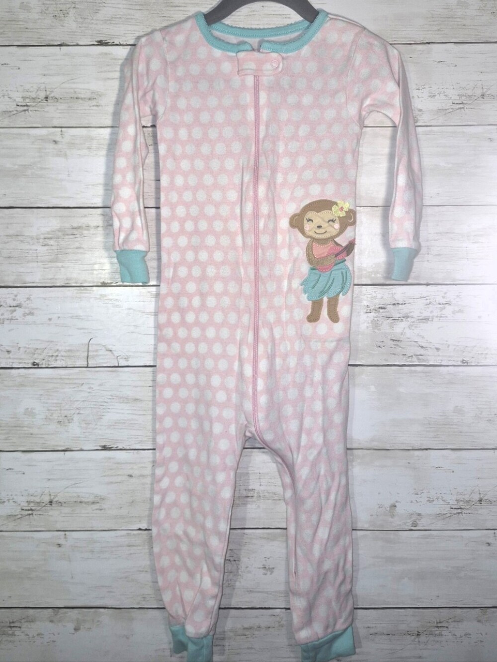 Girls Lightweight Pink Polka Dot One-Piece Pajamas with Monkey Applique Size 2t